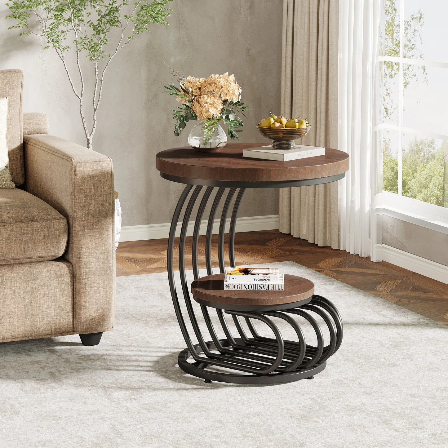 Tribesigns Gold Round End Table: 2 Tiers Faux Marble Side Table with Storage Shelf, Modern White Gold Bedside Nightstand