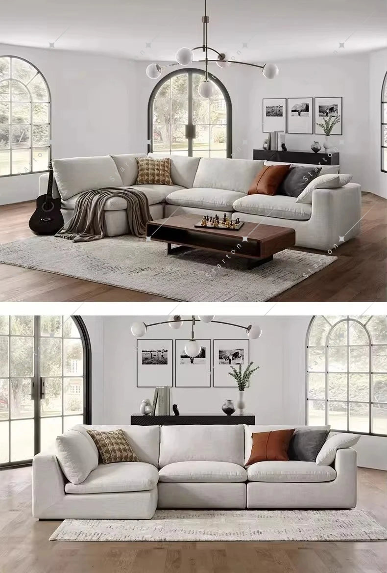 Nordic Cream White Linen Fabric Living Room Couch Sectional Cloud Sofa Modern Simple L Shaped Modular Corner Sofa Set Furniture