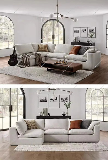 Nordic Cream White Linen Fabric Living Room Couch Sectional Cloud Sofa Modern Simple L Shaped Modular Corner Sofa Set Furniture