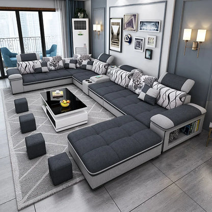 Modern simple living room sofa set U-shaped sleepable luxury cloth sofa villa large combination corner function sofa