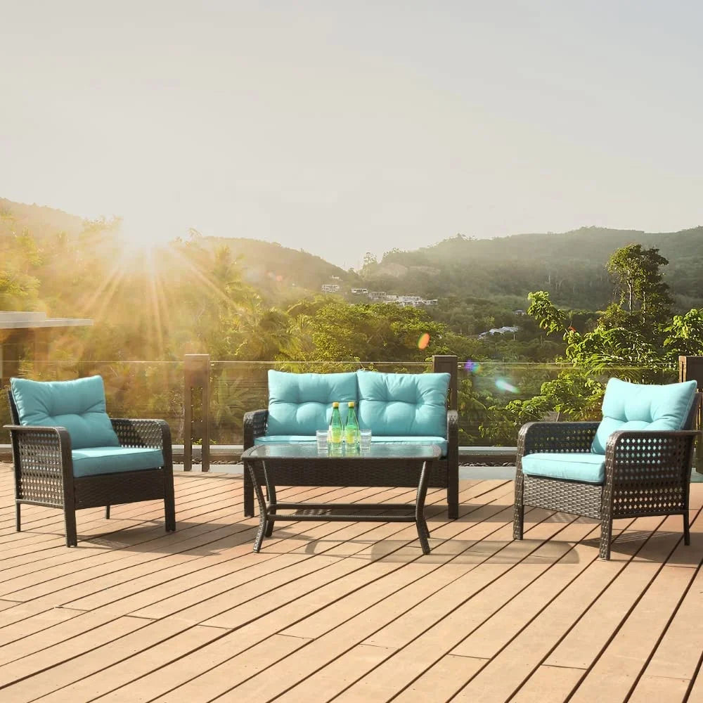 # New Arrival 4-Piece Rattan Patio Conversation Set With Blue Cushions
