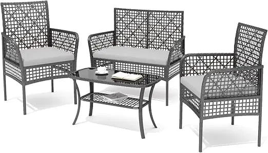 4-Piece Rattan Patio Sofa Furniture Set with Two-Tier Coffee Table, Weather-Resistant Upholstered Couch, Openwork Wicker Convers