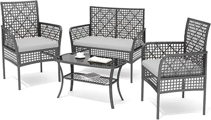 4-Piece Rattan Patio Sofa Furniture Set with Two-Tier Coffee Table, Weather-Resistant Upholstered Couch, Openwork Wicker Convers