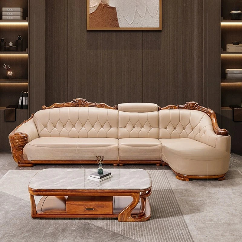 European leather sofa corner combination home high-end luxury living room new Chinese first layer cowhide solid wood