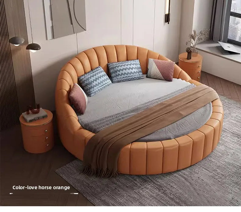 modern simple round bed leather double apartment master bedroom princess bed marriage base de cama king size home furniture
