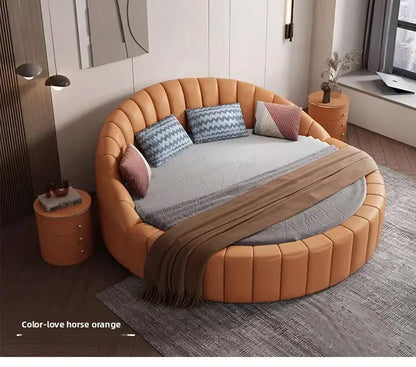 modern simple round bed leather double apartment master bedroom princess bed marriage base de cama king size home furniture