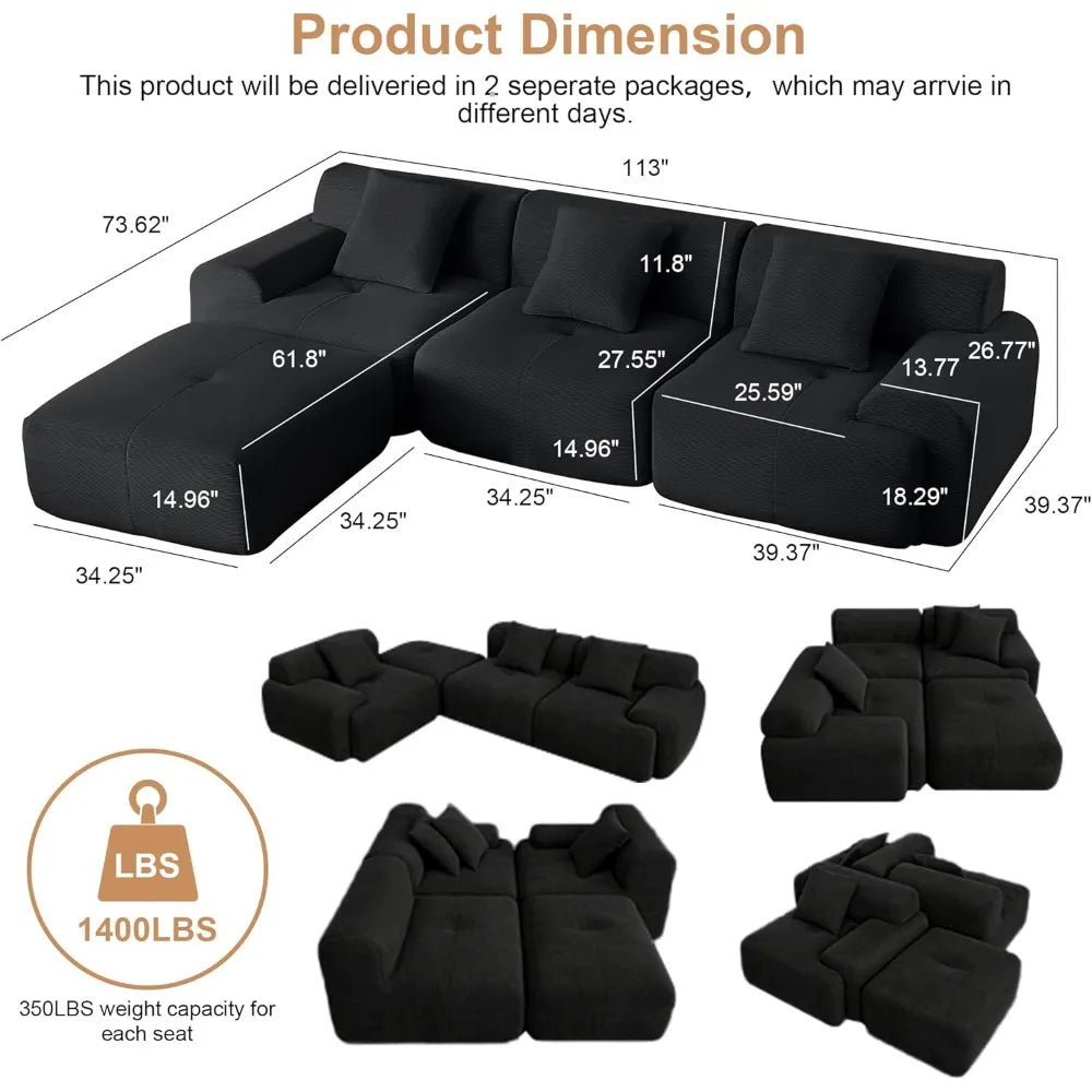113 Sectional Couch with L Shaped Chaise, Boneless Couch Cloud Modular Sectional Sofa with 4 Seat and Movable Ottoman