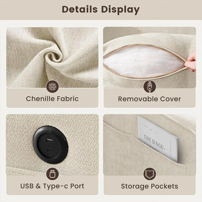 L-Shaped Sectional Couch with Storage, Sofa with Reversible Chaise, USB Type-C Charging, Chenille Fabric, Removable Cu
