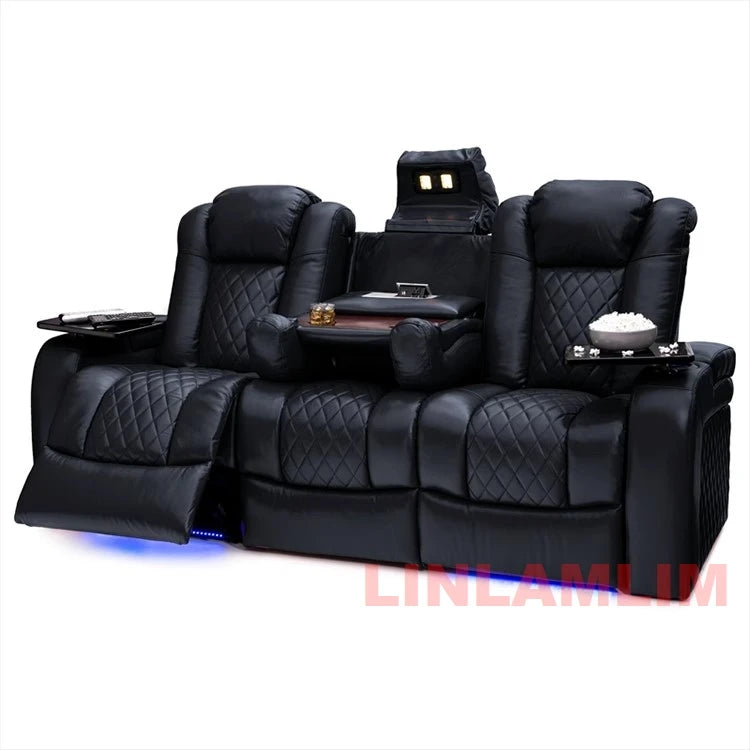 Luxury Dual Motors Power Reclining Sofa with LED Lighting, USB, Hidden Storage, Fold-Down Table & Tray – 3-Seat Recliner Sofa