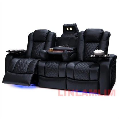 Luxury Dual Motors Power Reclining Sofa with LED Lighting, USB, Hidden Storage, Fold-Down Table & Tray – 3-Seat Recliner Sofa