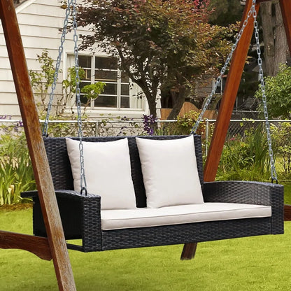 Two-Seat Outdoor Patio Rattan Wicker Swing with 7.9 Ft Steel Chains and Comfortable Backrest for Relaxation
