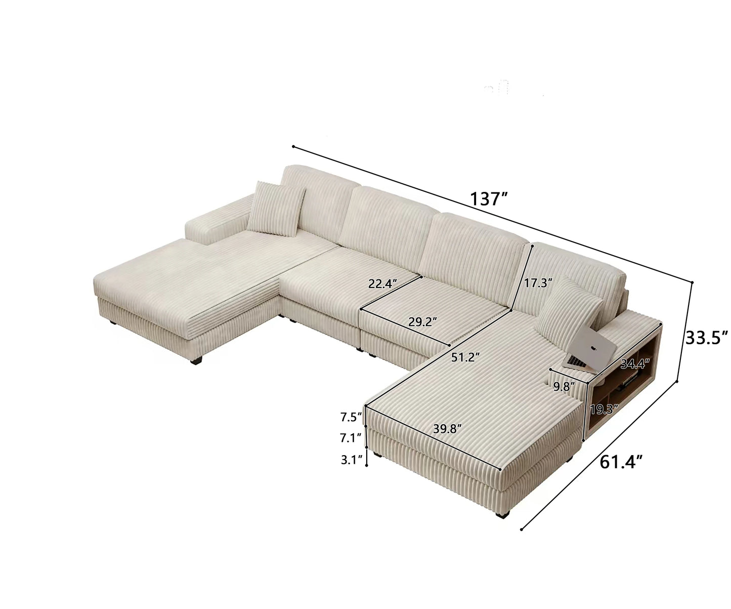 Modern convertible U-shaped combination sofa corduroy 4-seat large-sized living room double leisure chair set