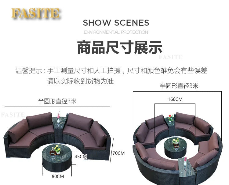 Outdoor round rattan sofa combination garden courtyard semi-circular rattan chair  hotel curved living room sofa