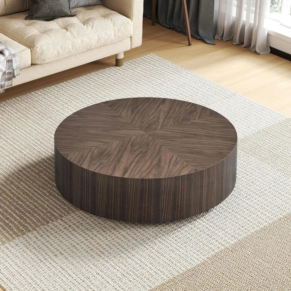35.43" Round Coffee Table for Living Room Modern MDF Wood Coffee Table Drum Center Table for Apartment Office