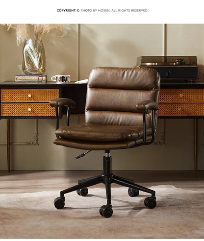 N Nordic Simple Leather Office Chair Home Comfortable Computer Swivel Chair Mid-Ancient Retro Iron Art Armchair