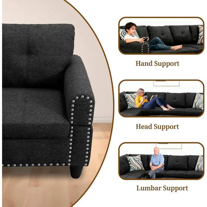 98'' Sectional Couches or Living Room, Linen abric L-Shaped Couch with Cup Holders and Storage Ottoman, 3 Pieces Living Room Soa
