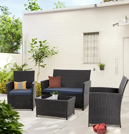 Patio Outdoor Furniture 4 Pieces Sectional Sofa Set Balcony Furniture Wicker Rattan Chairs with Table and Loveseat for Garden