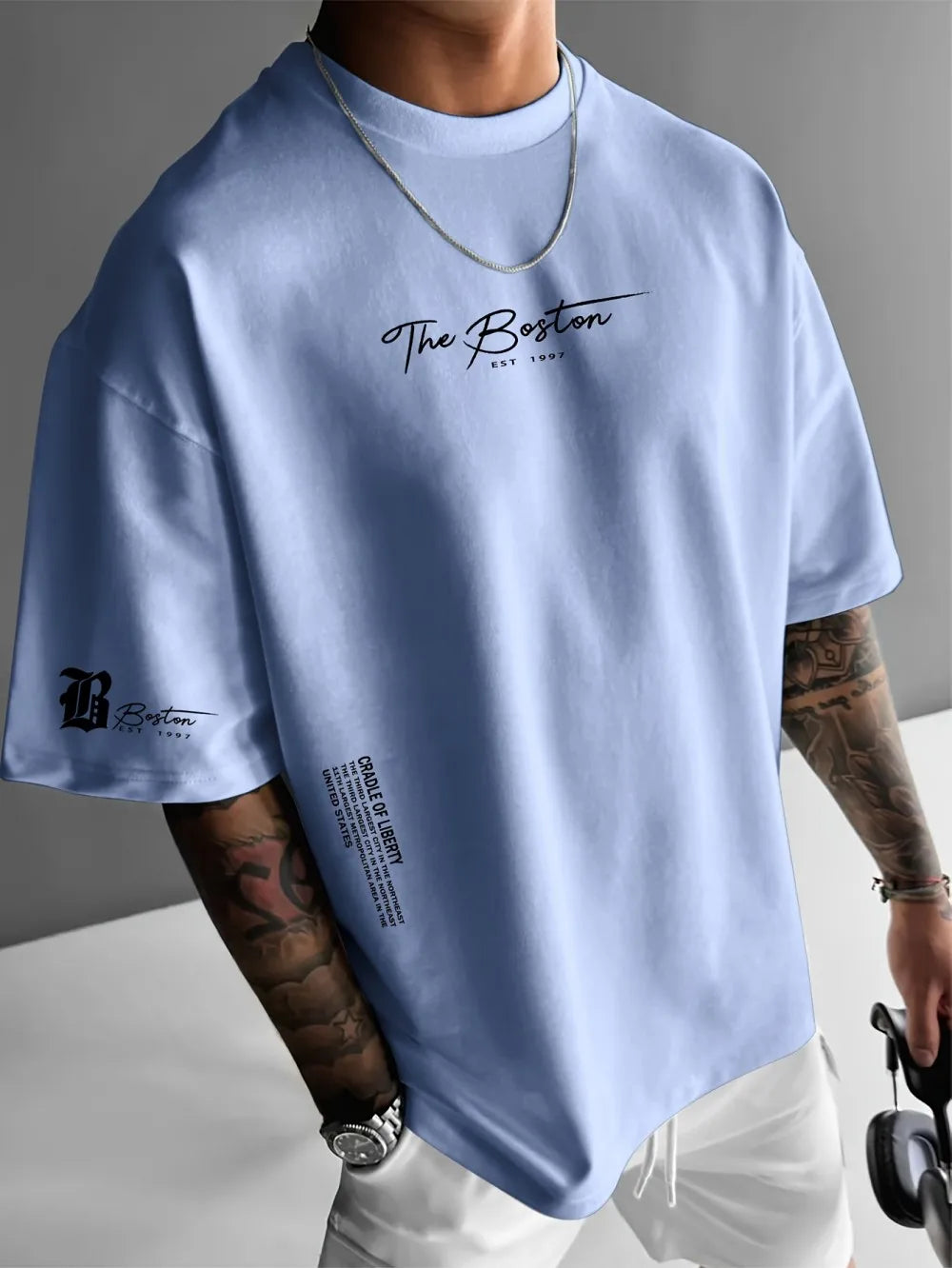 New men's polyester fabric casual comfortable breathable round neck T-shirt with letter pattern suitable for outdoor sports