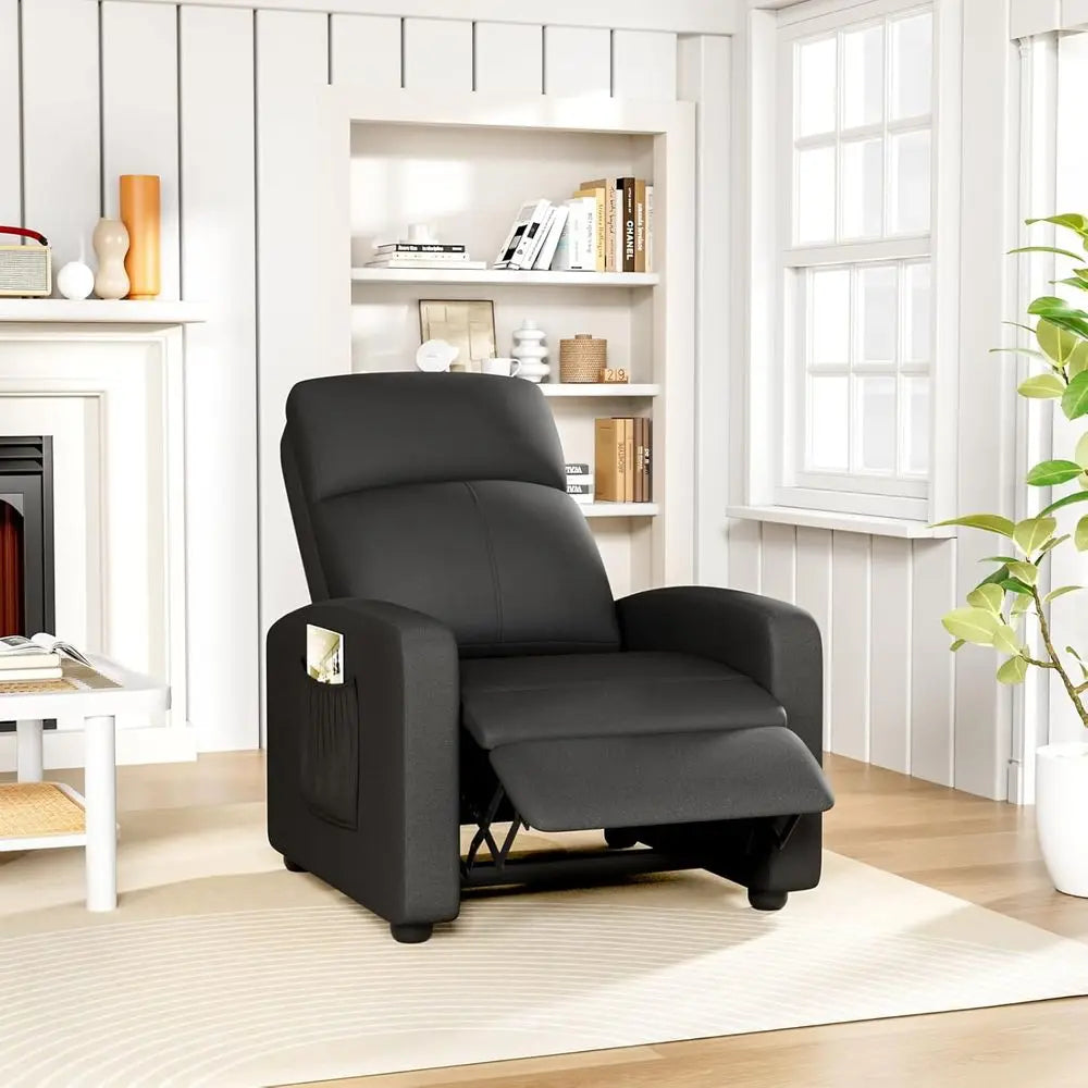 Black Linen Fabric Recliner Chair with Thicker Seat Cushion, Side Pocket, Adjustable Backrest and Footrest for Home Theater and