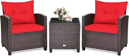 3 Piece Patio Furniture Set, Outdoor Conversation Set with Washable Cushions & Tempered Glass Tabletop, PE Rattan Wicker Bistro