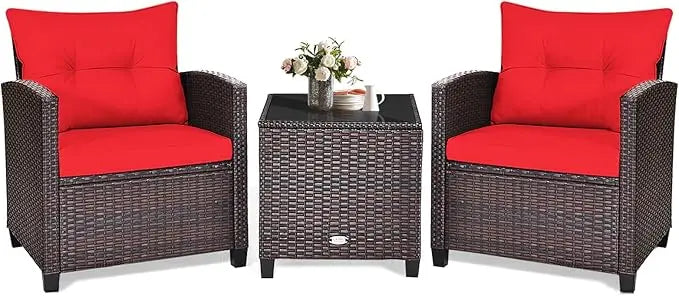 3 Piece Patio Furniture Set, Outdoor Conversation Set with Washable Cushions & Tempered Glass Tabletop, PE Rattan Wicker Bistro