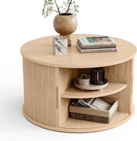 Round Coffee Table,31.5" Drum Coffee Table with Sliding Tambour Door,Fluted Accent Center Table with Storage,Modern Coffee Table