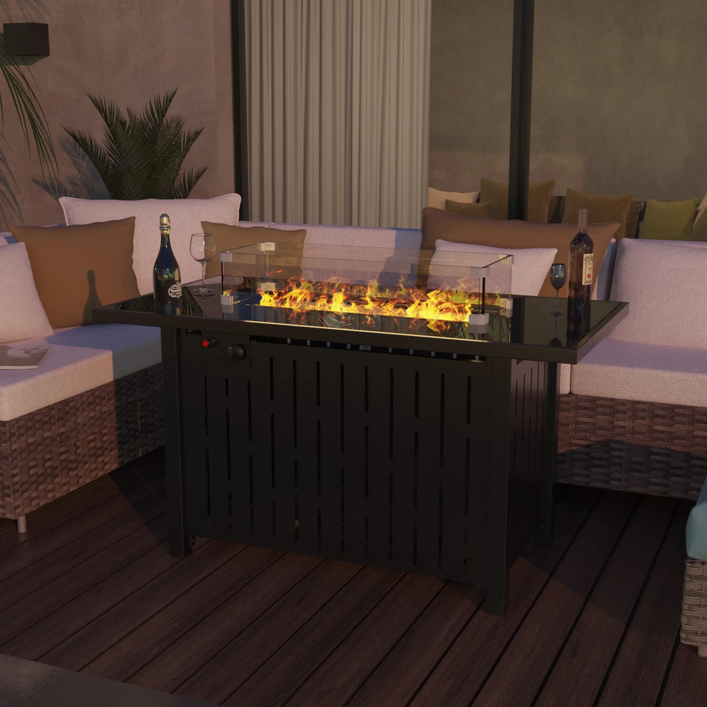 42 Inch Gas Fire Pit Table, 50,000 BTU Propane Pits for Outside with Steel Lid and Waterproof Cover, 2 in 1 Firepit Table