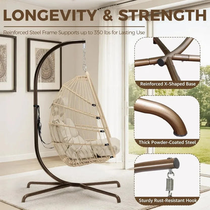 Cozy Hanging Egg Chair with Stand, Indoor Outdoor Wicker Swing with Cushion, 350lbs Capacity for Patio Deck Balcony