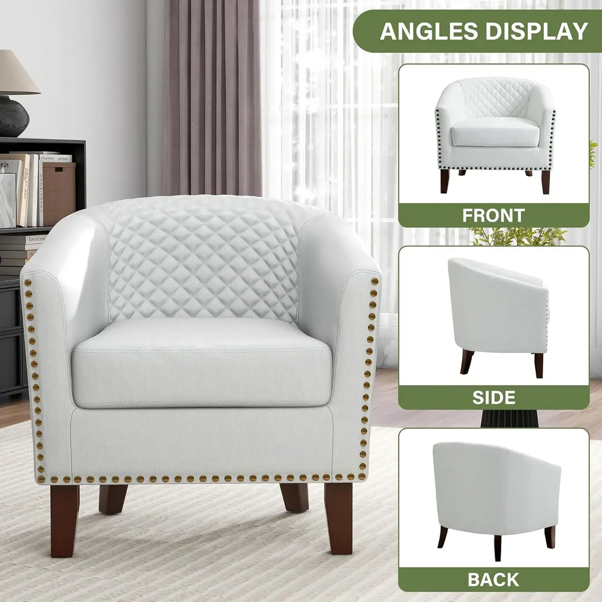 Modern Club Armchair - Comfortable Faux Leather Barrel Chair with Nailhead Trim for Living Room, Stylish Upholstered Single Sofa