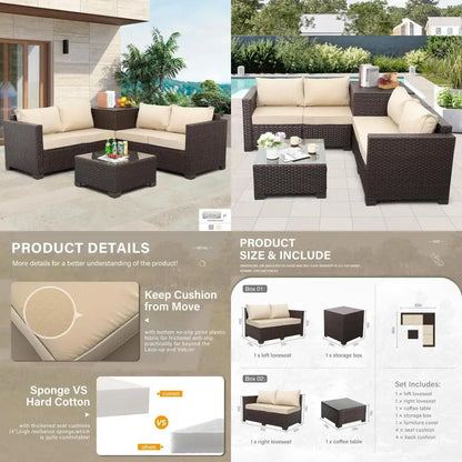 4-Piece Outdoor Brown Wicker Sectional Sofa Set with Storage Table and Khaki Cushions