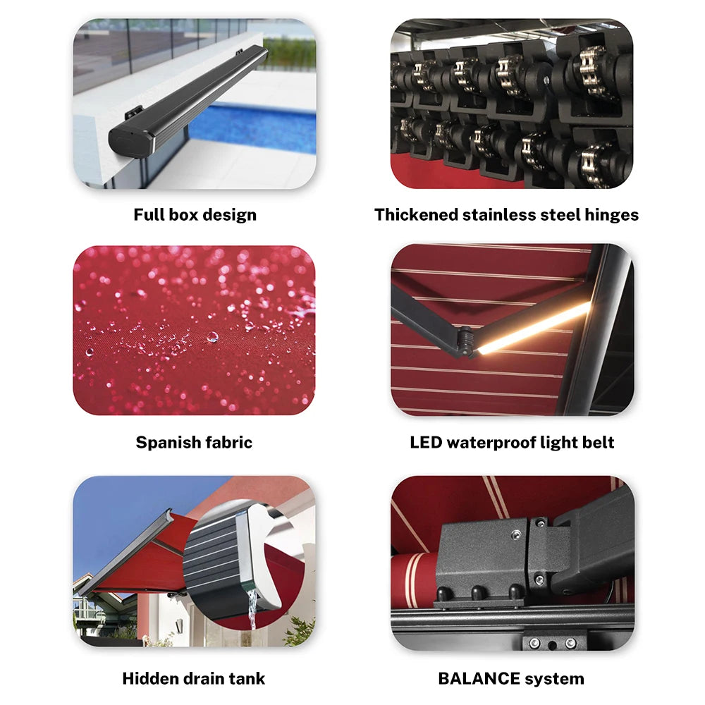 Full Box Electric Awning Sunshade LED Lighting Mechanical Manual Remote Control Home Courtyard Balcony Outdoor Leisure
