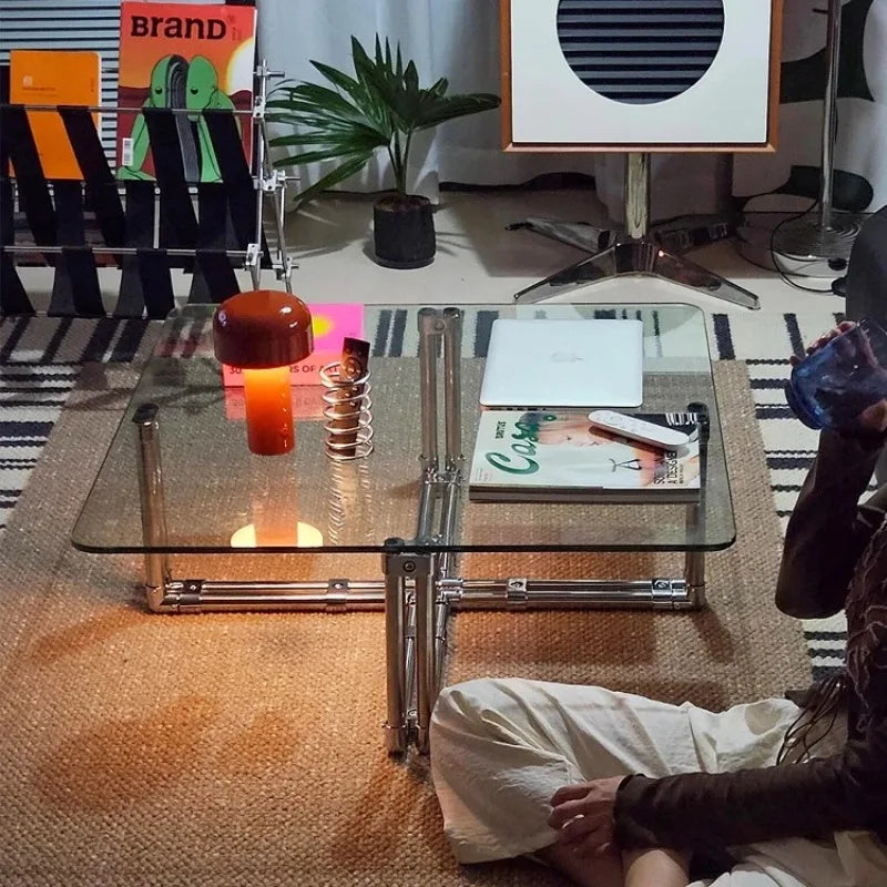 Retro Glass Coffee Table, Square Mid-Century Accent Table, Living Room Home Decor Furniture Side Tables