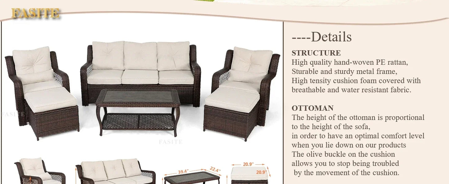 Long - lasting 6 Pieces Patio Furniture Set, Wicker Outdoor Patio Sets, Sectional Rattan Sofa Chairs with Coffee Table