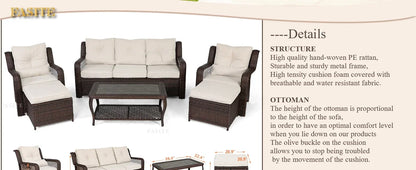 Long - lasting 6 Pieces Patio Furniture Set, Wicker Outdoor Patio Sets, Sectional Rattan Sofa Chairs with Coffee Table