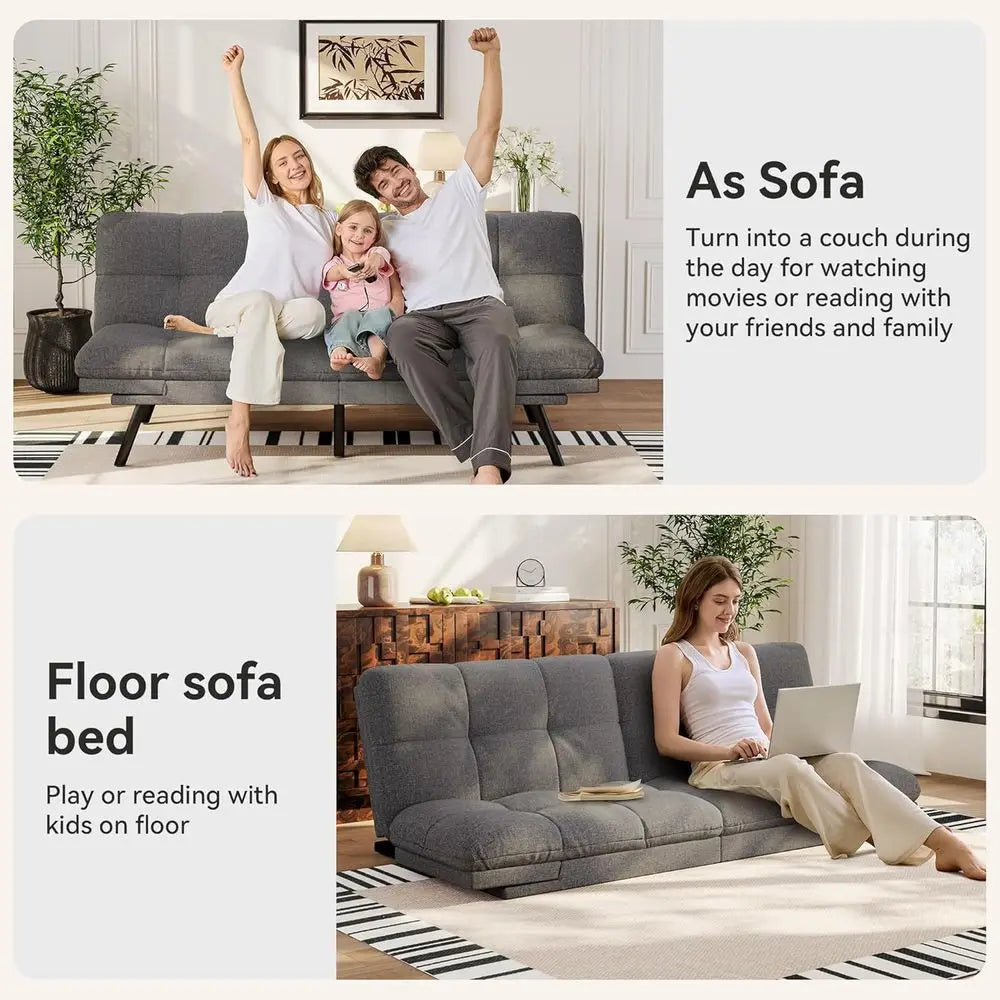 Convertible Sofa Bed with Grey Linen Upholstery, Detachable Cushion, Adjustable Backrest & Armrest, Ideal for Small Recliner Lov