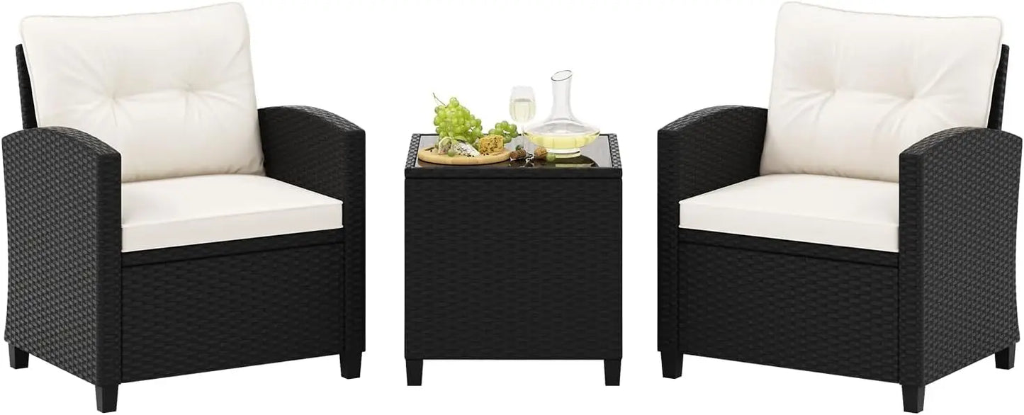 3 Pieces Patio Furniture Set, PE Rattan Wicker 3 Pcs Outdoor Sofa Set w/Washable Cushion and Tempered Glass Tabletop,Garden Sofa