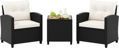 3 Pieces Patio Furniture Set, PE Rattan Wicker 3 Pcs Outdoor Sofa Set w/Washable Cushion and Tempered Glass Tabletop,Garden Sofa