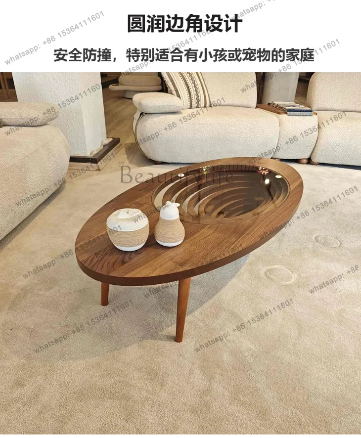 Table basse en bois massif, salon, maison, lumière, luxe, haut de gamme, table à thé créative, ovale, moderne