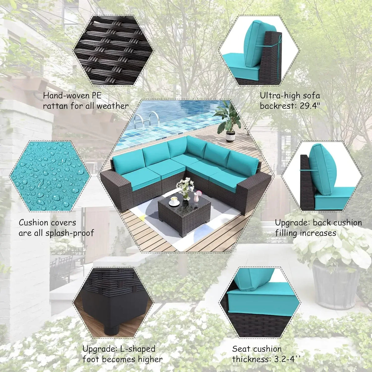 A Sectional Sofa Outdoor Furniture All Weather Brown PE Rattan Patio Conversation w/5 Seat Cushions