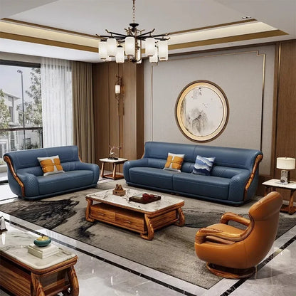 leather sofa new Chinese-style first-layer cowhide European-style solid wood living room corner combination villa
