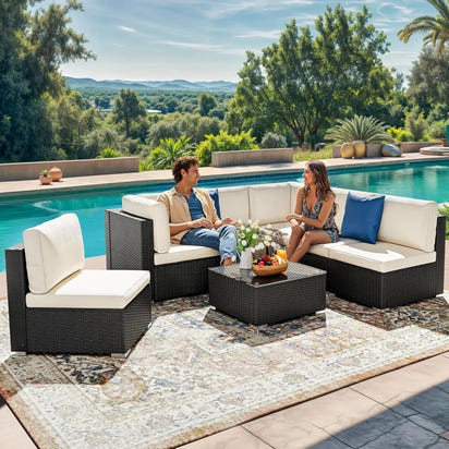 7-Piece Outdoor Patio Furniture Set, Sectional Sofa with PE Rattan Wicker, Conversation Area with Table and Cushions