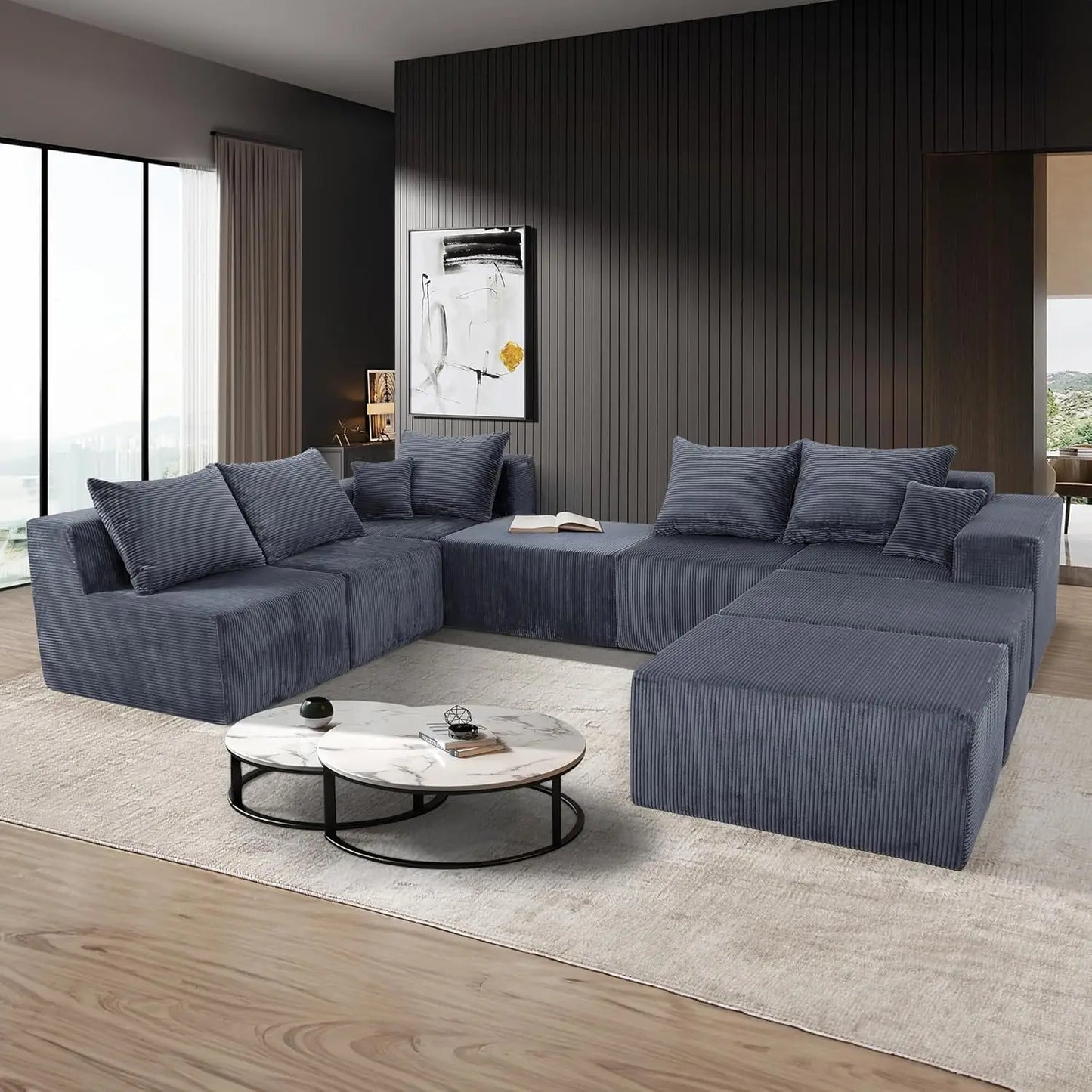 Family Sofa Set for Living Room, 8-Piece Modular U-Shaped Sectional Sofa with Oversized Chaise Lounge and Bed,Customized