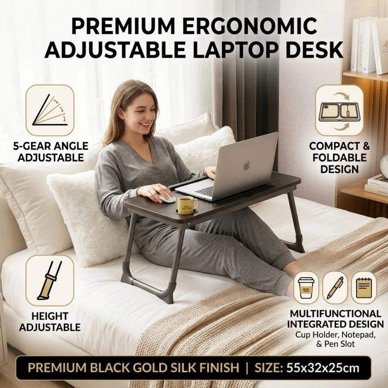 Ergonomic Lazy Computer Desk Integrated Foldable Design Height Adjustable Compact Practical Home Office Table Black