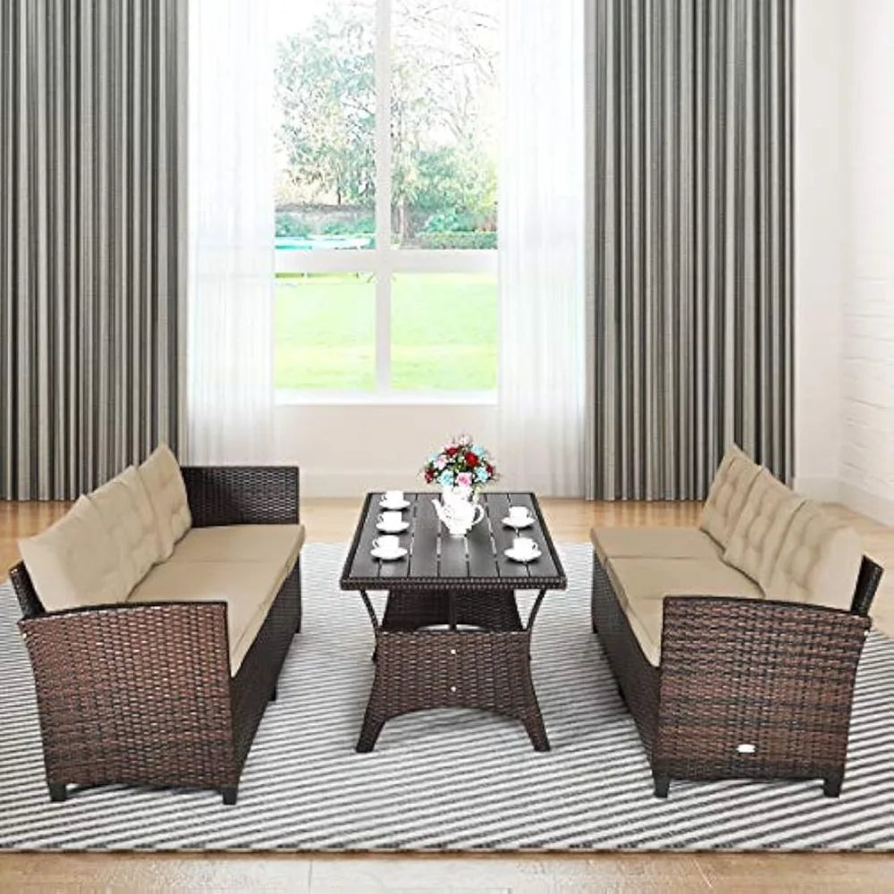 3-Piece Outdoor Patio Furniture Set Rattan Wicker Sofa Set with Seat & Back Cushions, Manual Weaving Conversation Set with Coff