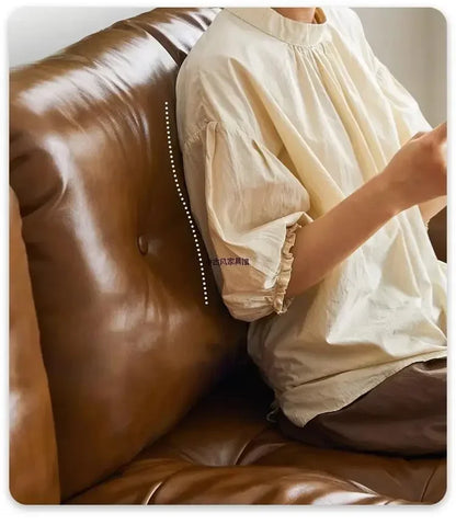 TTTTMedieval Oil Wax Leather Creative Sofa Living Room Retro Old Caramel Color Large Straight Row Sofa