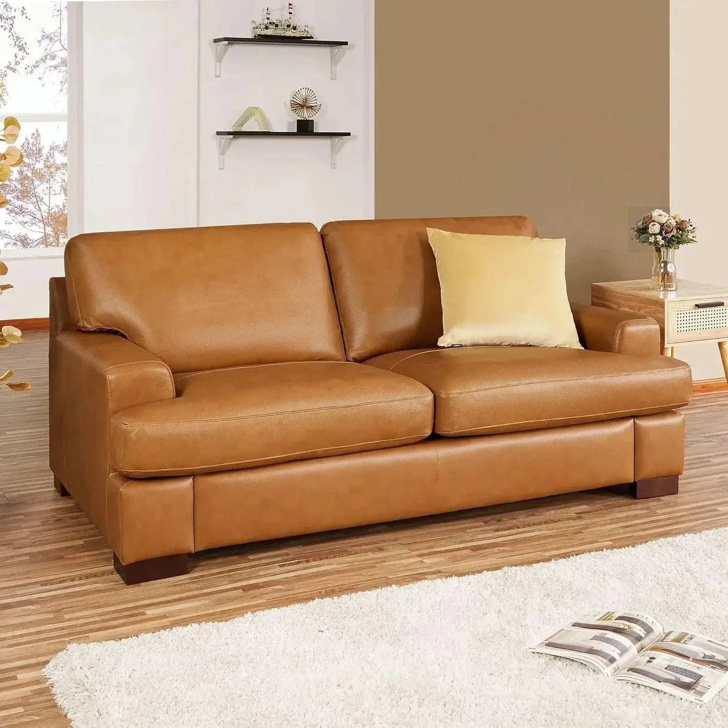 Genuine Leather Sofa - Luxurious Comfort, Goose Feather Cushion Filling, Square Arm Design, Sturdy Block Legs,
