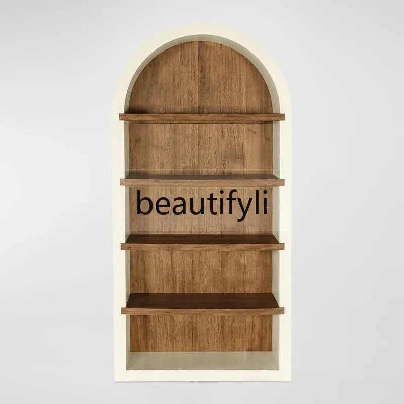Retro solid wood simple bookcase American country white arched bookshelf display study floor locker