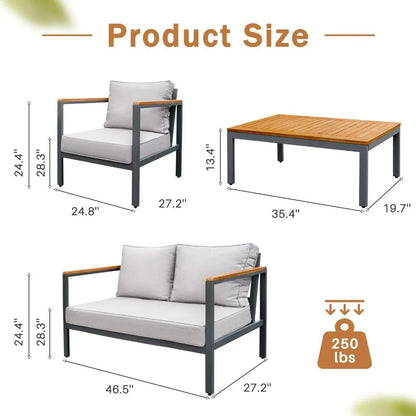2025new-Solid Wood 4-Piece Patio Lounge Set with Waterproof Cushions and Durable Armrests