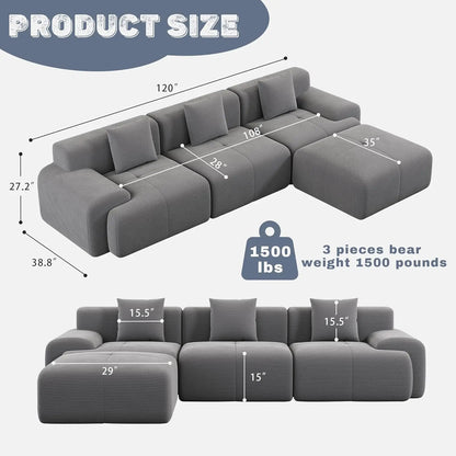 120" Cloud Modular Sectional Couch,Boneless Sofa,L-Shape Upholstered Sofas with Deep Seat,Modern Cozy Corduroy, Customized
