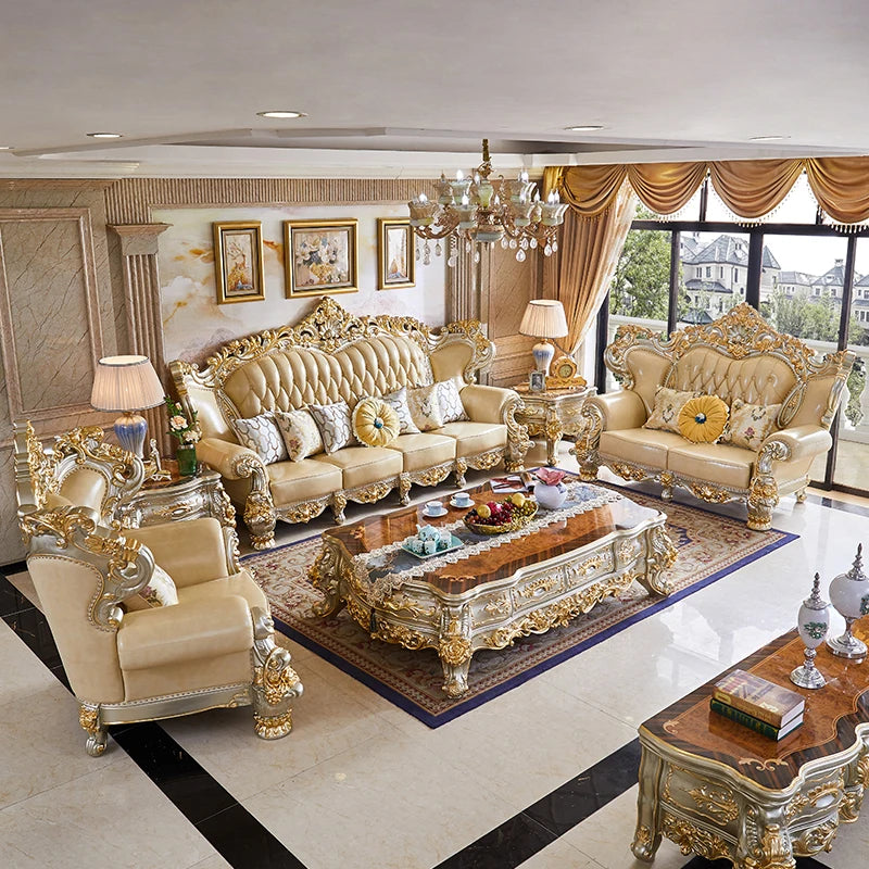 Luxury Couch Living Room Sofa Genuine Leather Solid Wood Living Room Sofa Elegant Europe Canape Salon Home Furniture